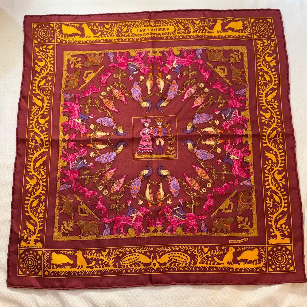 Pristine Hermes Paris "Early America" 100% Silk Rolled Edge Pocket Square Plum
